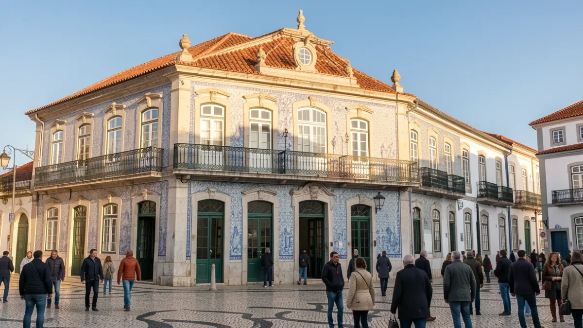 Imagen genérica de la fachada de un edificio municipal portugués con balcones ornamentados.
