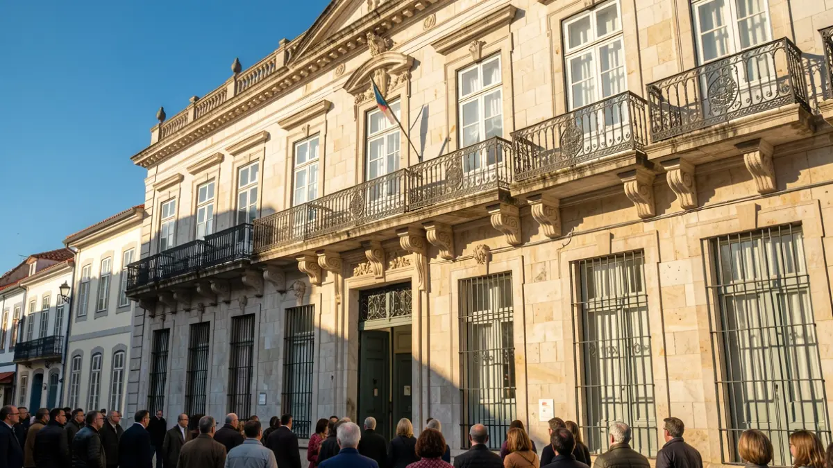 Fachada de um edifício municipal português com varandas ornamentadas e céu azul.