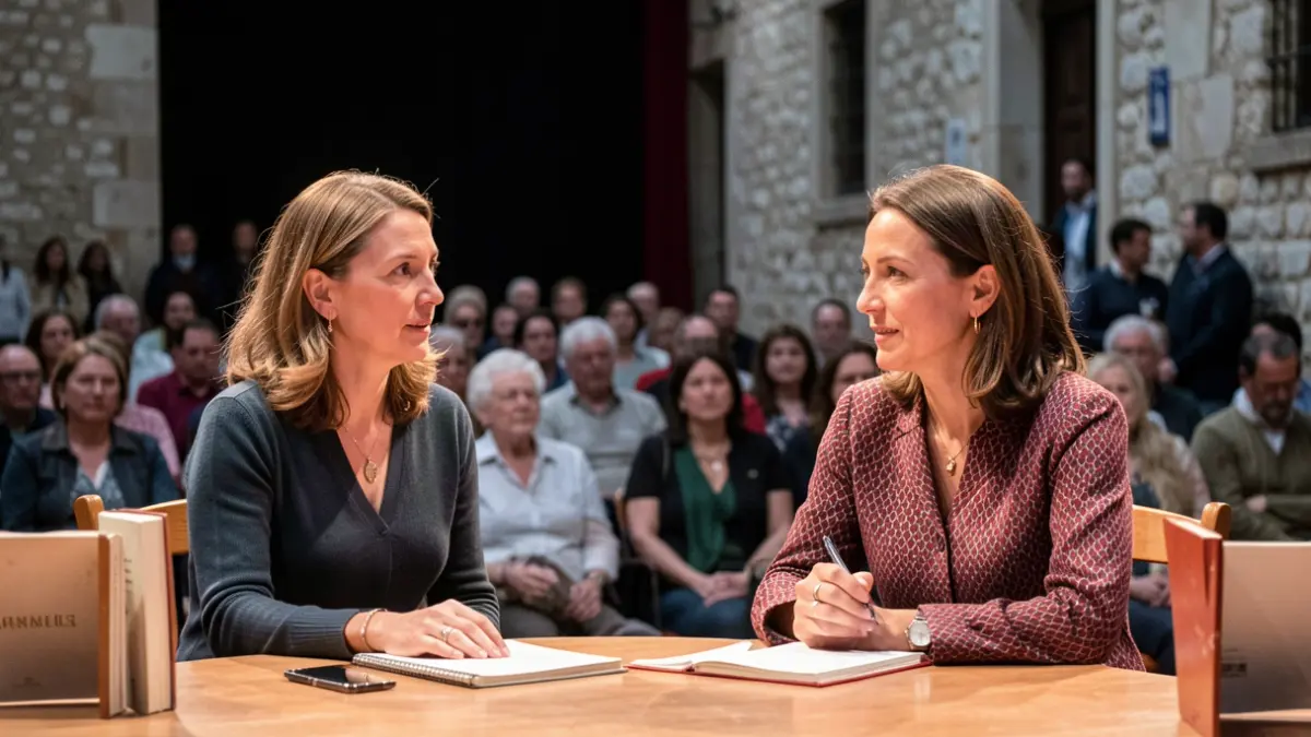 Image of two writers, one French and one Portuguese, at a literary festival in Óbidos.