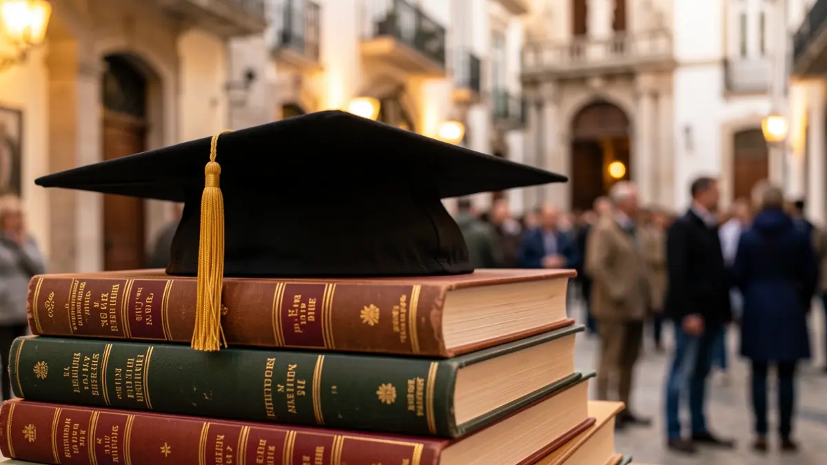 Image of a graduation cap with tassel on academic books, with blurred Portuguese architectural elements in the background.