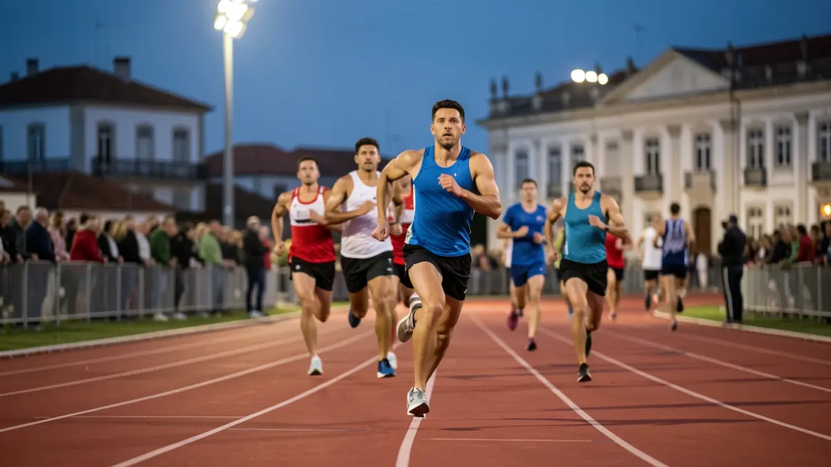Imagem genérica de atletas a correr num percurso de resistência ao entardecer, com luzes de estádio e elementos arquitetónicos portugueses desfocados ao fundo.