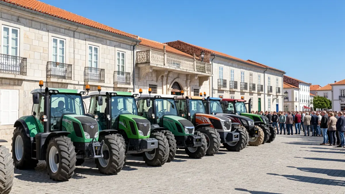 Generic image of tractors parked in front of a Portuguese municipal building.