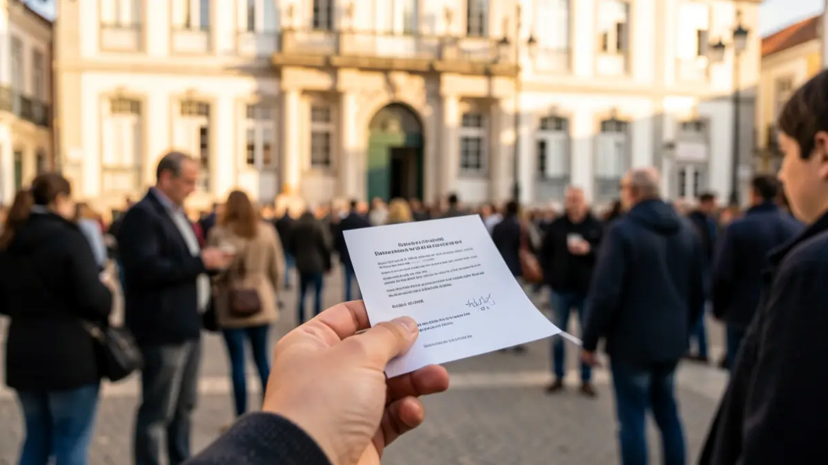Generic image of a young person's hand holding a ballot paper, with a blurred Portuguese town hall facade in the background.