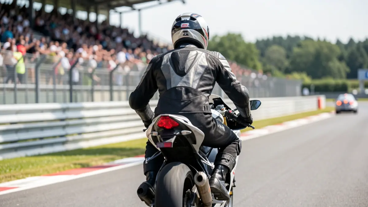 Motociclista em evento de Superbike com foco na segurança rodoviária.