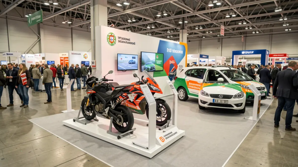Generic image of a road safety stand at an international fair, featuring a simulator and exhibition vehicles.