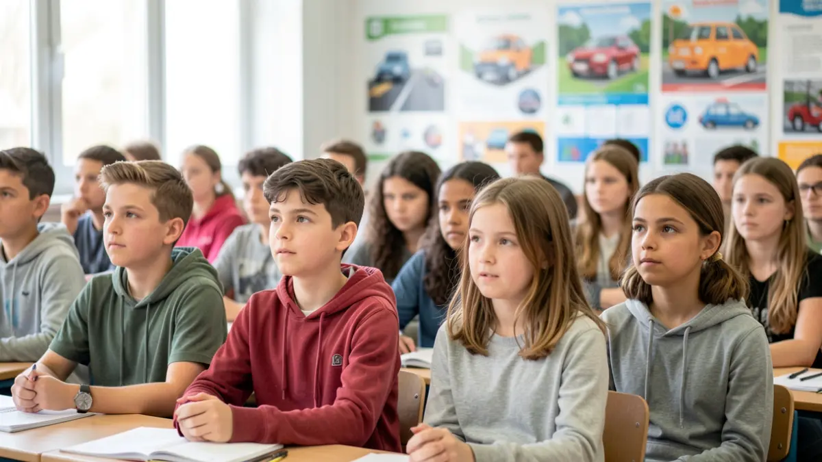 Imagem genérica de jovens estudantes numa sala de aula a prestar atenção a uma apresentação sobre segurança rodoviária.