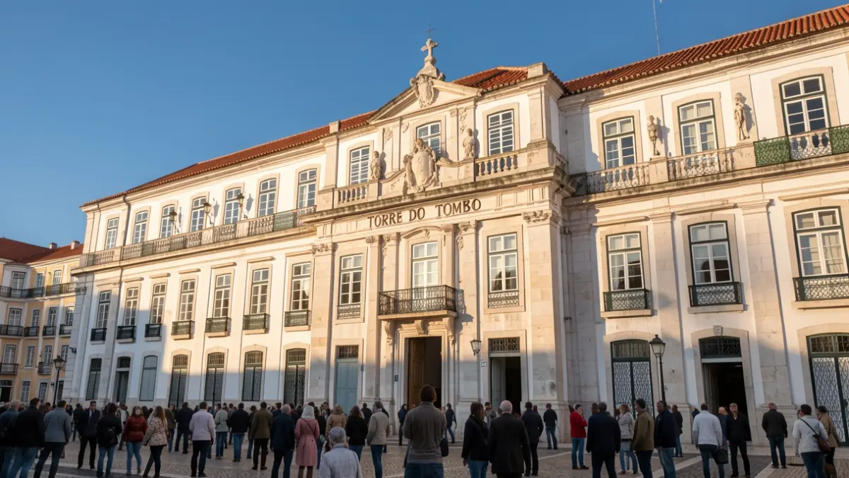 Fachada del edificio de la Torre do Tombo en Lisboa, Portugal, bajo la luz del sol de la tarde.