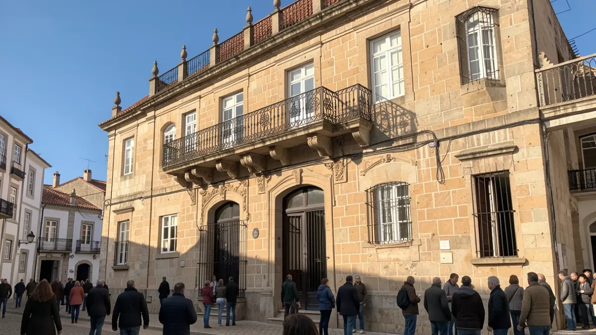 Generic image of a stone municipal building facade with an ornate balcony, under afternoon sunlight.