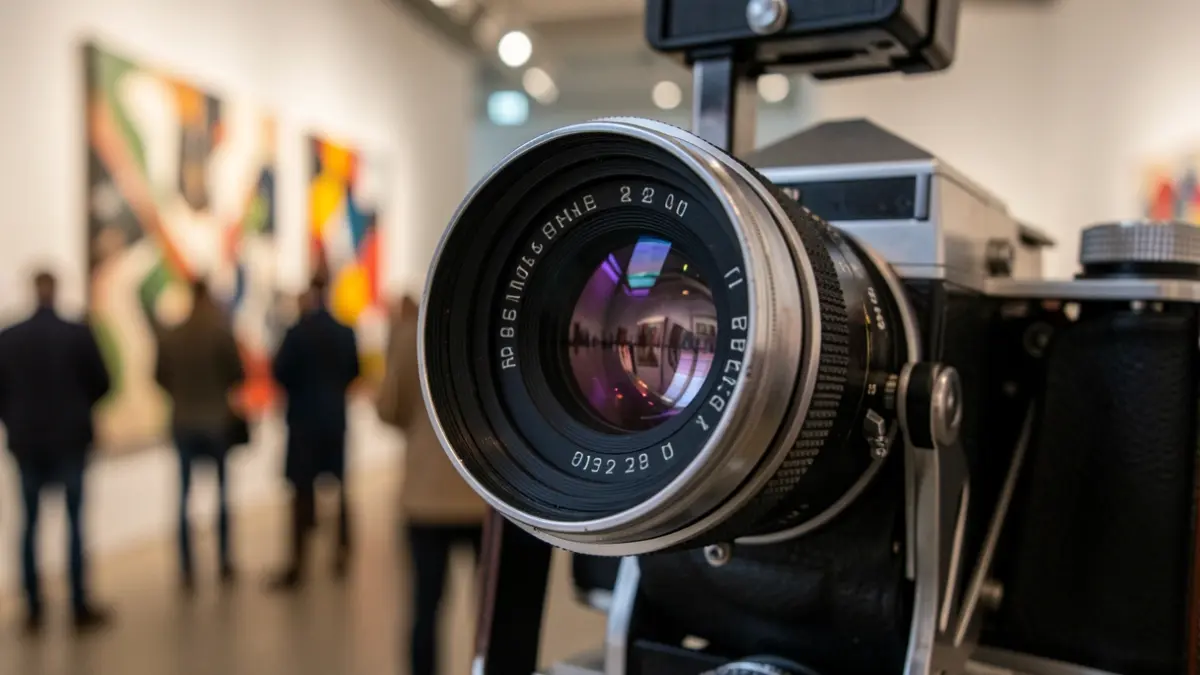 Fotografia de detalhe de uma lente de câmara antiga, com o fundo desfocado de uma sala de exposições de arte.