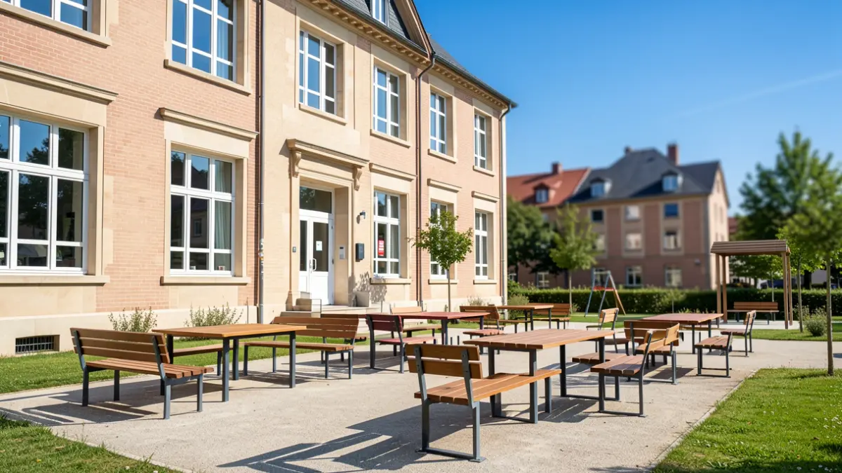 Espaço exterior escolar em Caminha com mobiliário novo para alunos.