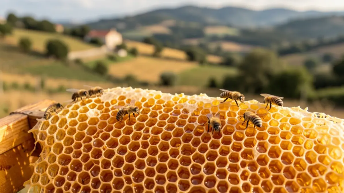 Imagem genérica de um favo de mel dourado com abelhas, em ambiente rural português.