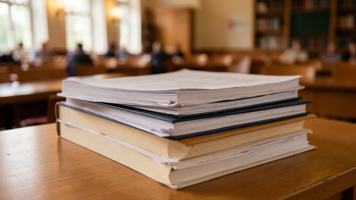Generic image of a stack of academic books and papers on a wooden desk, with a blurred background of a university lecture hall.