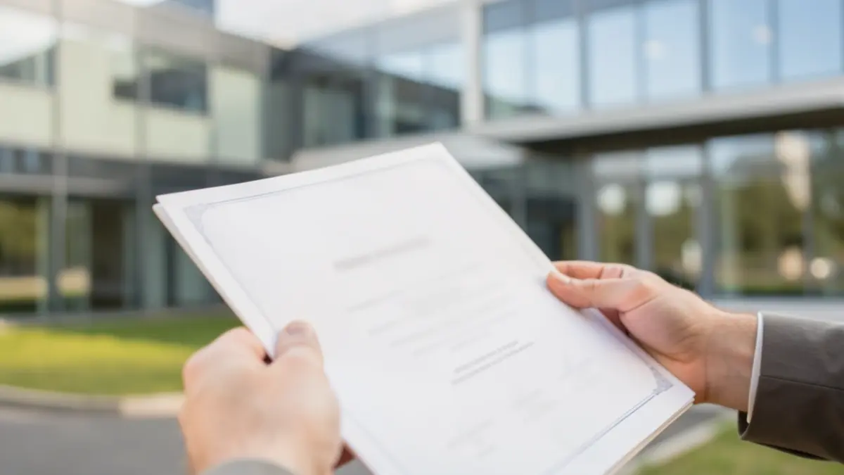 Generic image of a hand holding a certificate with a blurred modern building in the background.