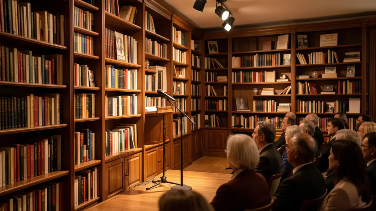Generic image of a room with bookshelves and a stage.