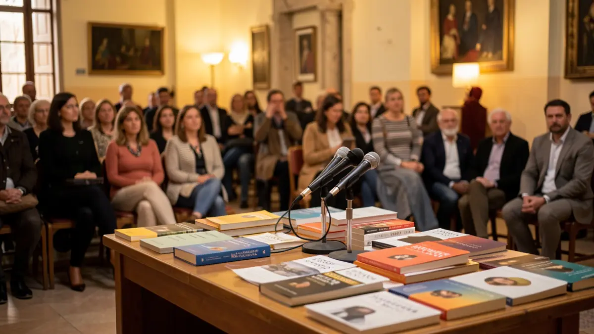 Generic image of a book launch session in a school, focusing on the speakers' table and books.