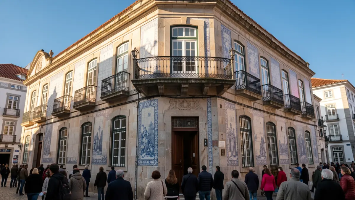 Imagen genérica de fachada de edificio municipal en Portugal con balcón ornamentado y azulejos, a la luz del sol de la tarde.