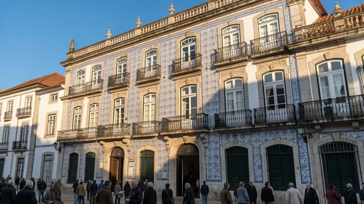 Fachada de um edifício municipal português com varandas ornamentadas e azulejos, sob luz solar de fim de tarde.