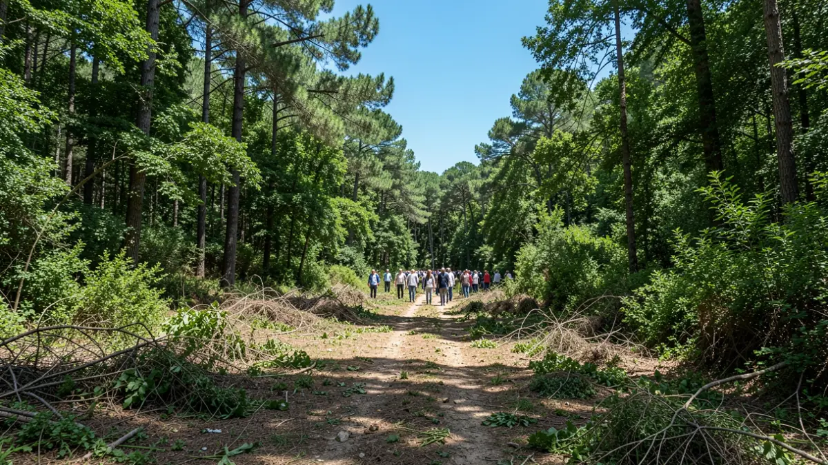 Paisagem de floresta verdejante em Portugal, com um caminho claro e sinais de intervenção humana para controlo de espécies invasoras.