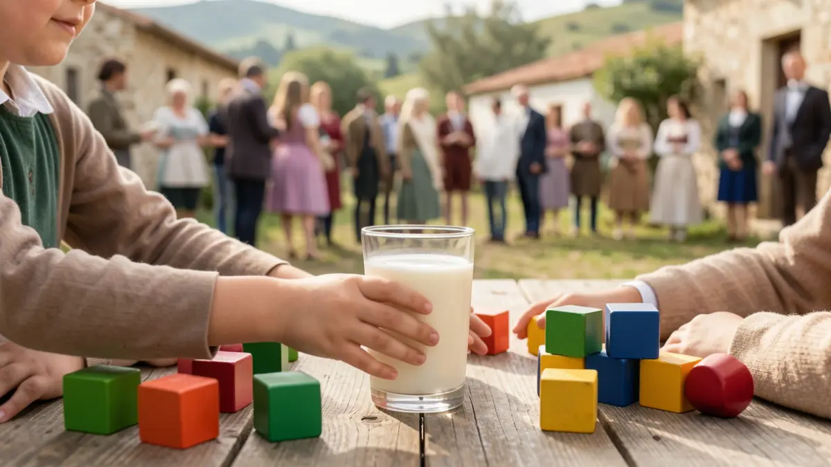 Generic image of children's hands reaching for a glass of milk on a wooden table, with colorful building blocks scattered around, soft natural light, Portuguese countryside setting.