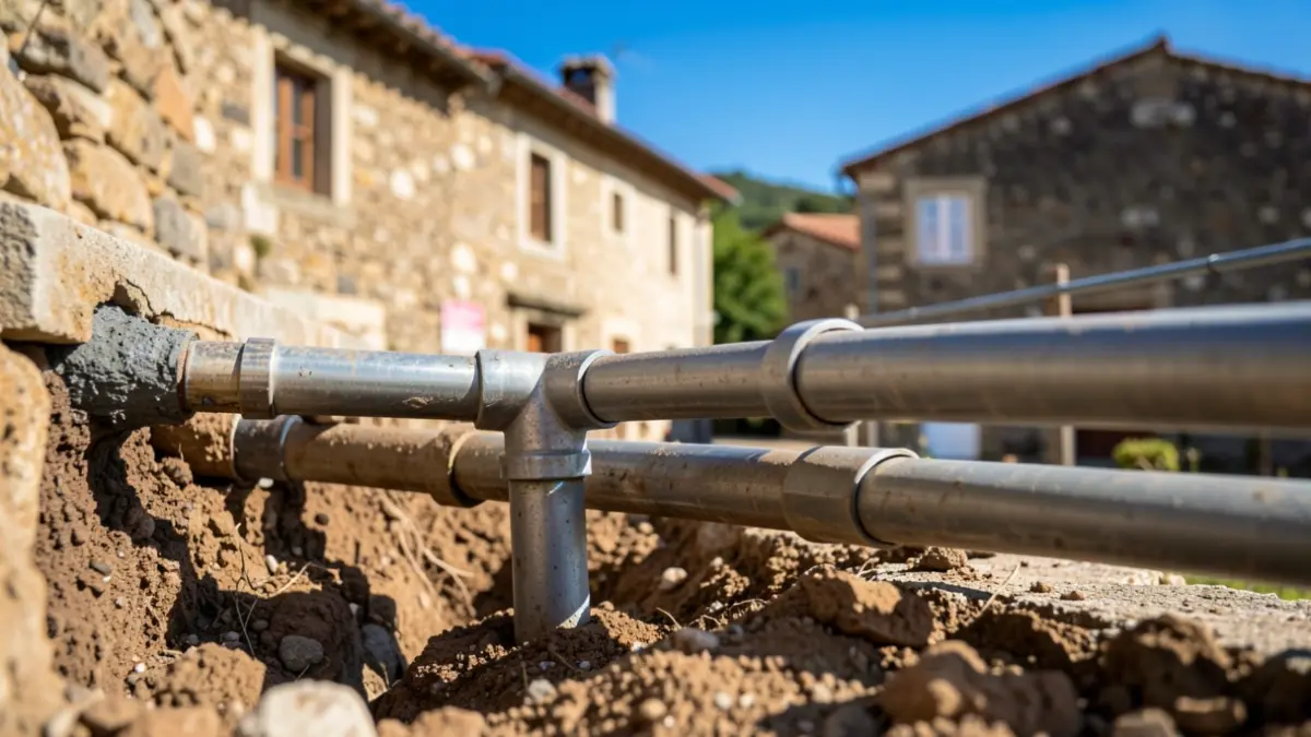Imagen genérica de obras de sustitución de tuberías de agua en Arganil, con casas tradicionales al fondo.