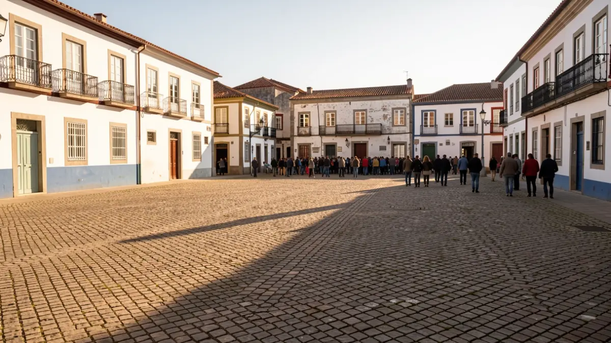 Arganil town square at dusk, featuring traditional Portuguese architecture and soft sunlight.