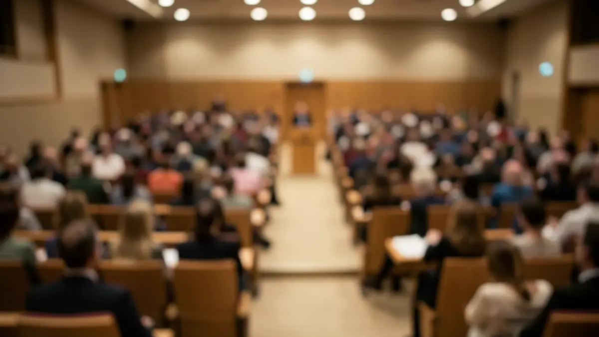 Imagem genérica de uma sala de conferências vazia com um pódio.