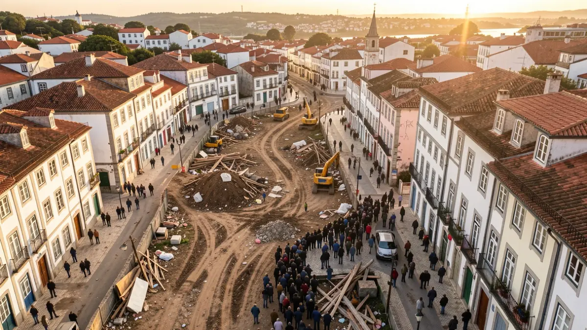 Vista aérea de Arganil após incêndio, com obras de recuperação de infraestruturas.