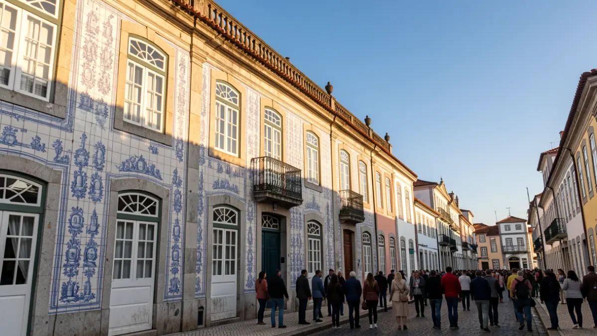 Fachada da Câmara Municipal de Arouca com azulejos tradicionais portugueses, luz solar quente da tarde, céu azul.