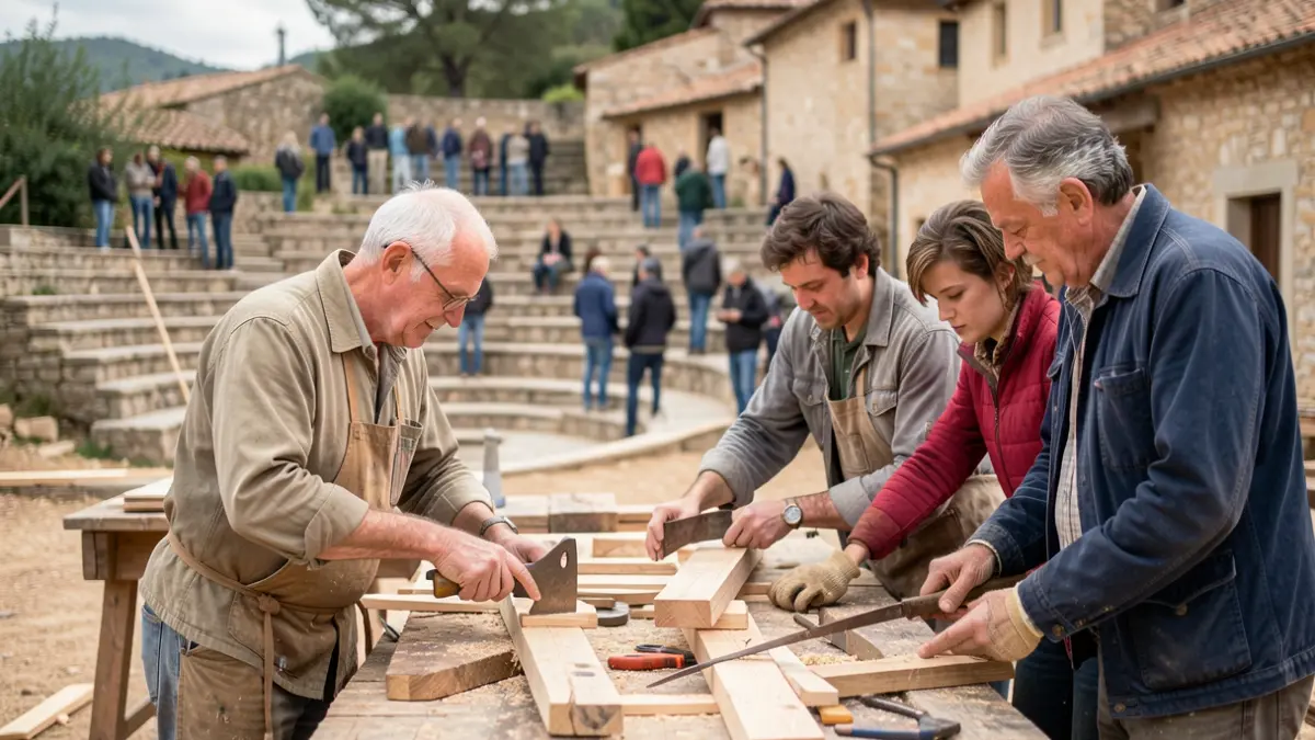 Estudiantes de Arquitectura Paisajista aprendiendo técnicas de construcción con maestros.
