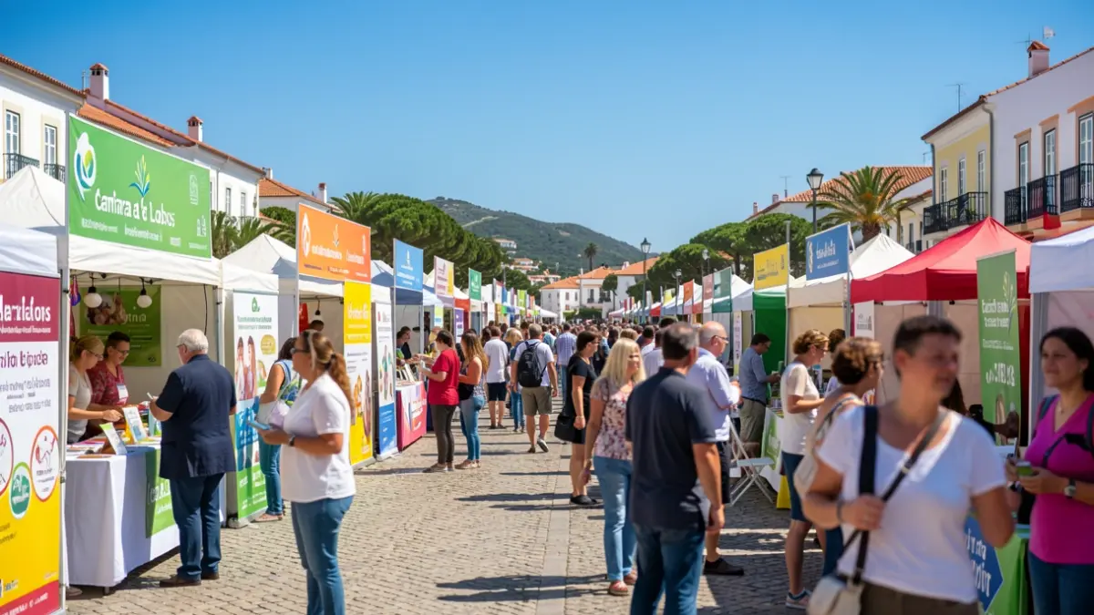Imagen de una feria de salud en Câmara de Lobos con varios puestos de promoción y personas interactuando.