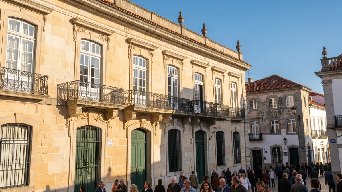 Generic image of a Portuguese municipal building facade with an ornate balcony, under late afternoon sunlight.