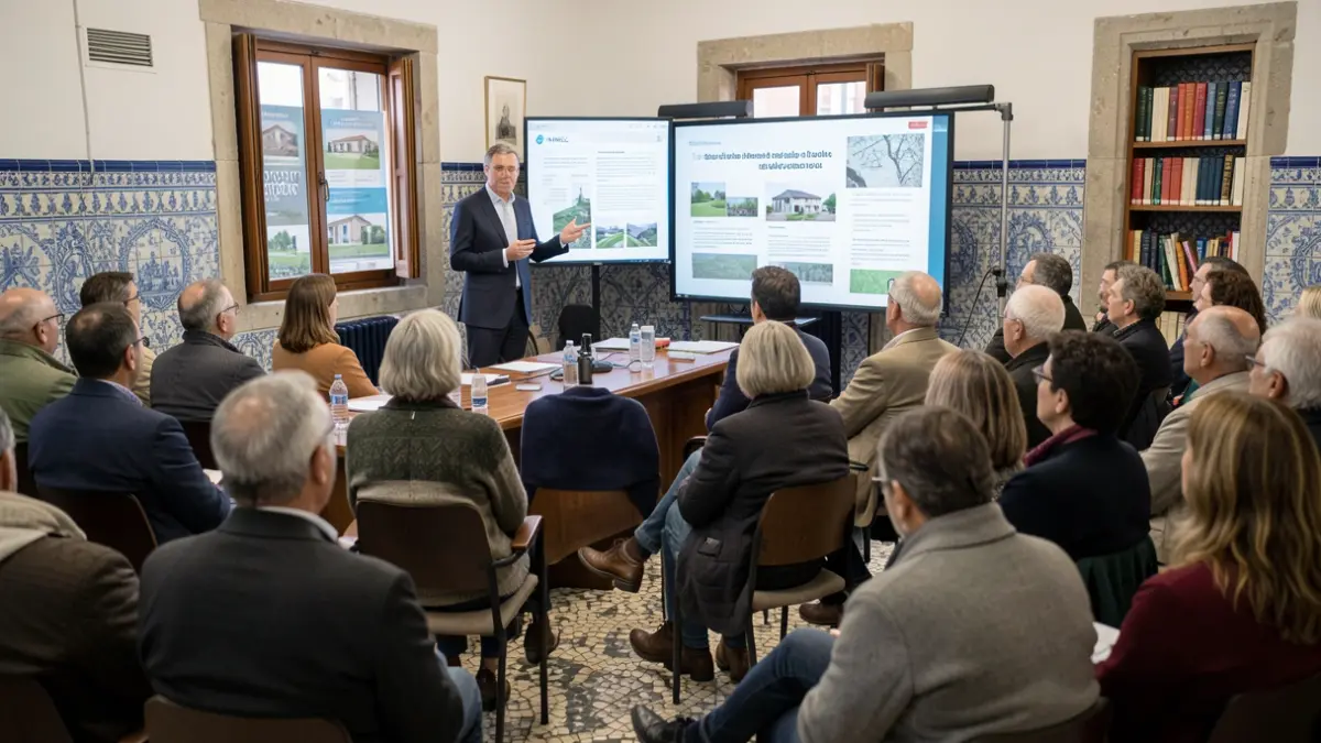 Reunião pública em Arruda dos Vinhos para apresentação de relatório técnico sobre habitações e terrenos.