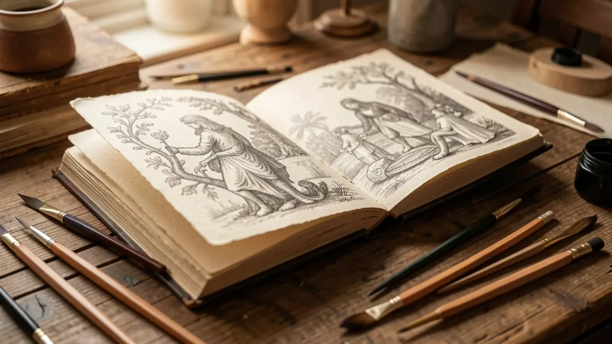 Imagem genérica de um livro de artista aberto com ilustrações detalhadas e papel texturizado, rodeado por ferramentas de desenho numa mesa de madeira.