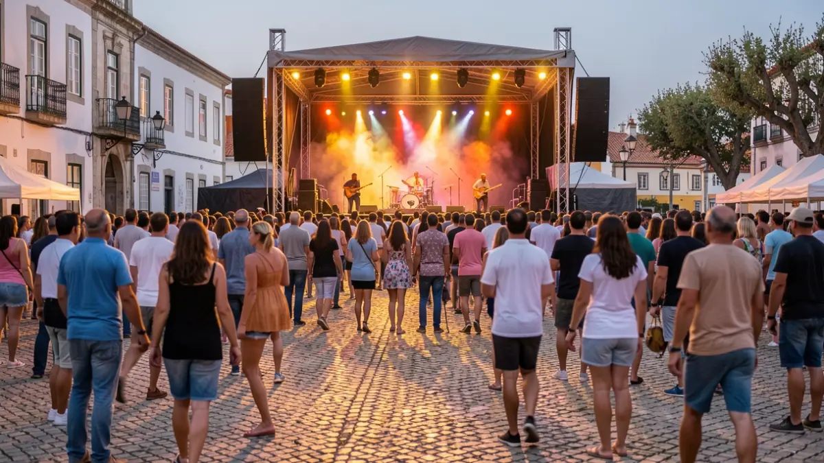 Generic image of an outdoor music festival in Portugal, with a blurred crowd enjoying a performance on a stage under warm evening lights. Portuguese cobblestone ground visible.