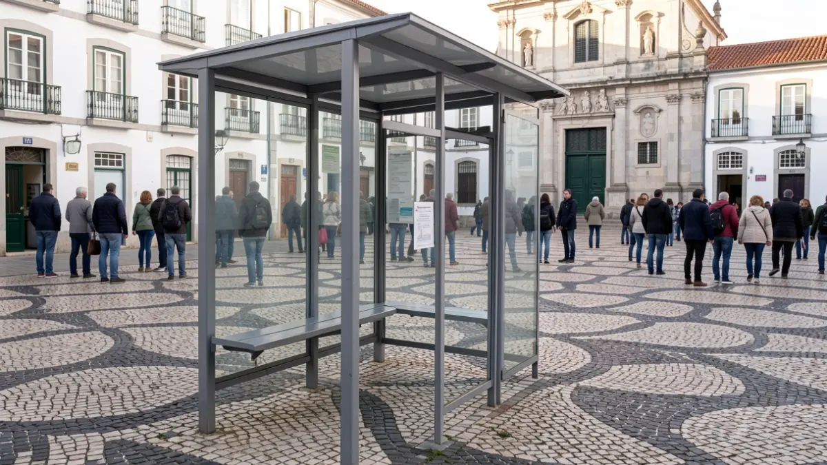 Generic image of an empty bus stop shelter in a Portuguese square, featuring traditional Portuguese pavement and a glimpse of a municipal building facade in the background, soft afternoon light.