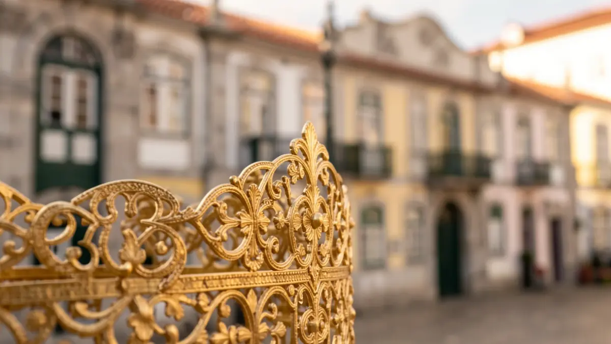 Imagen genérica de intrincada joyería de filigrana, con delicado trabajo en metal y arquitectura portuguesa al fondo.