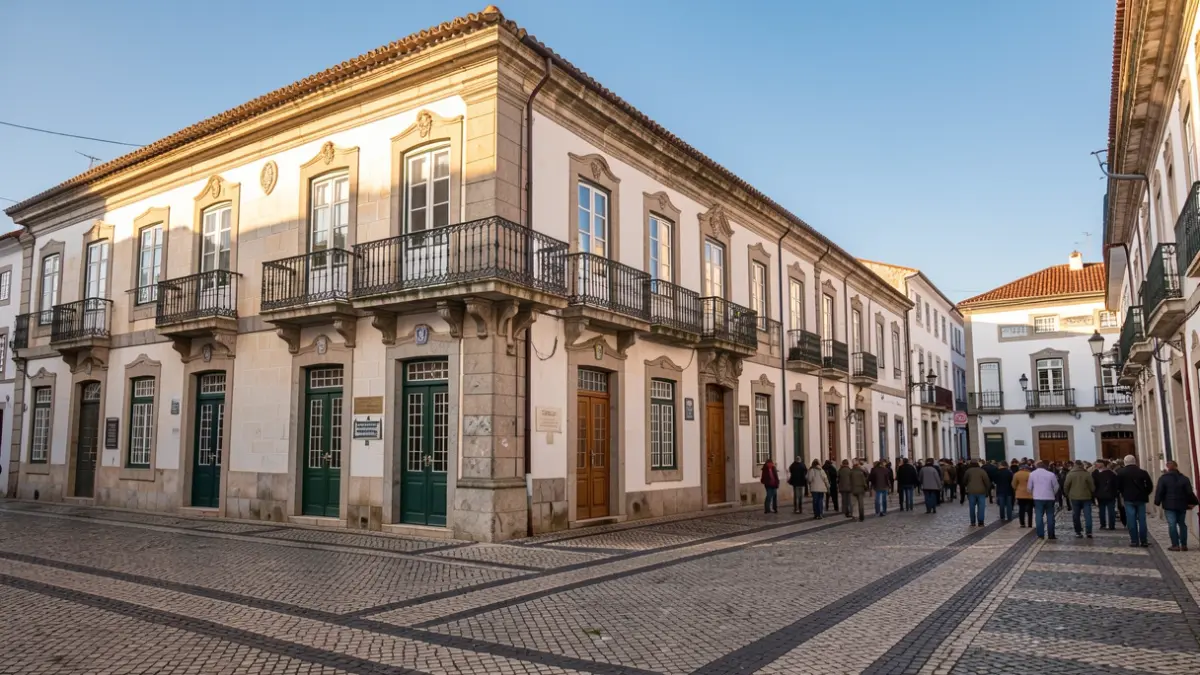 Fachada de um edifício de Junta de Freguesia em Portugal, com detalhes ornamentados e varanda, sob luz solar de tarde.