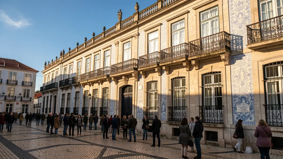 Fachada de un ayuntamiento portugués con balcones ornamentados y barandillas de hierro, cálida luz solar de la tarde proyectando sombras en las paredes de arenisca, cielo azul. Estilo de fotografía documental.