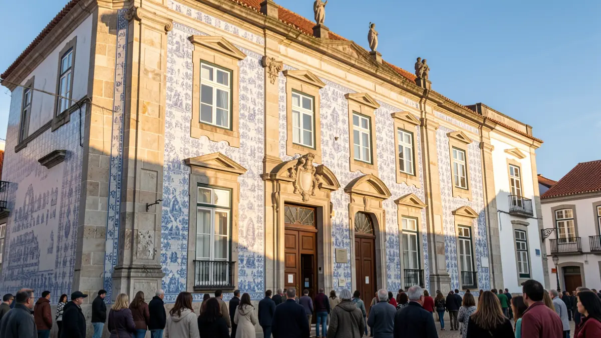 Imagem genérica da fachada de um edifício municipal português com azulejos tradicionais.