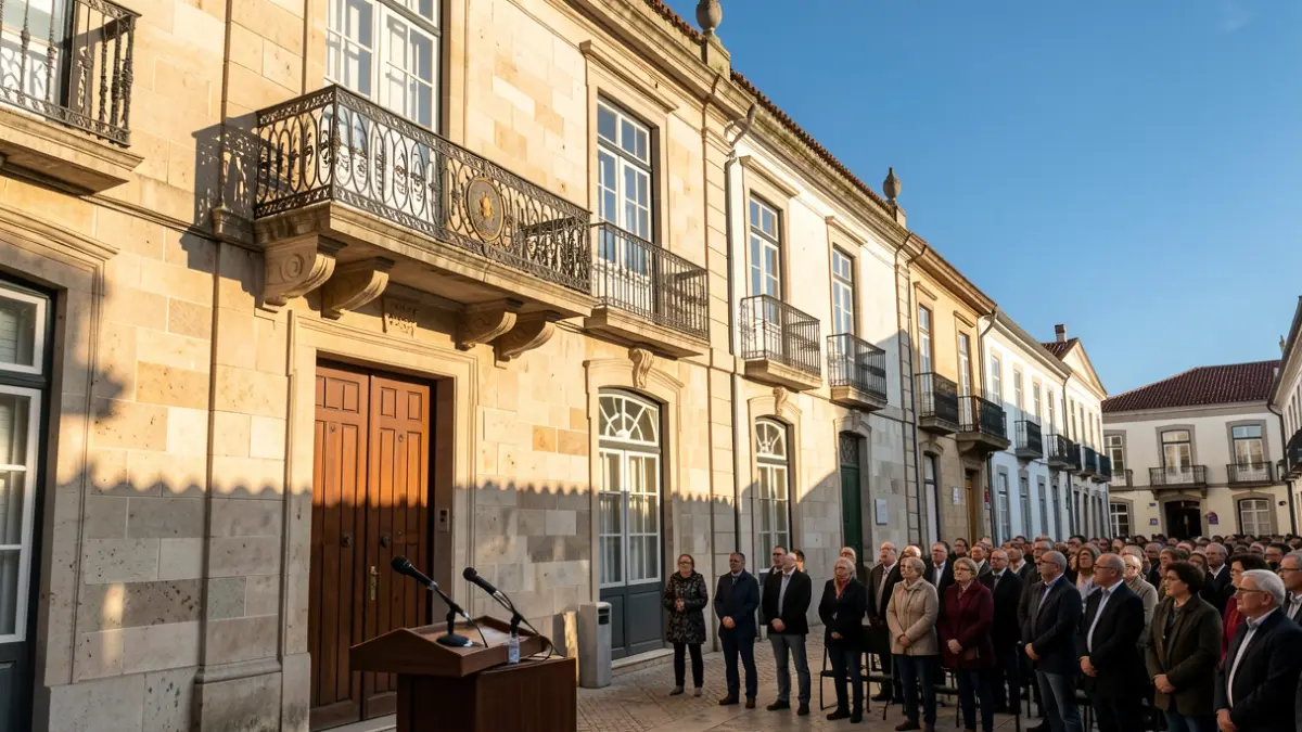 Fachada de um edifício municipal português com varanda ornamentada e gradeamentos de ferro, luz solar quente da tarde a projetar sombras nas paredes de arenito, céu azul.