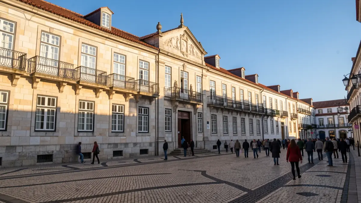 Fachada de um edifício municipal em Óbidos ao entardecer.