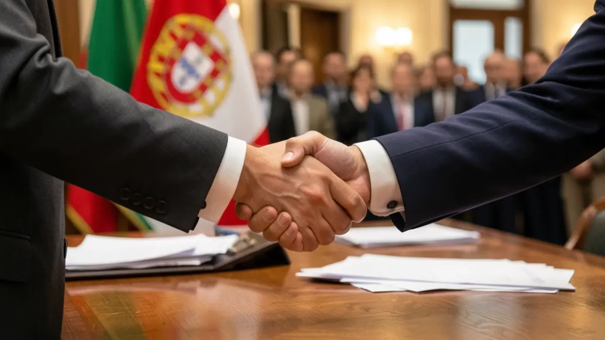 Imagem genérica de duas mãos a apertar-se sobre uma secretária com papéis desfocados.