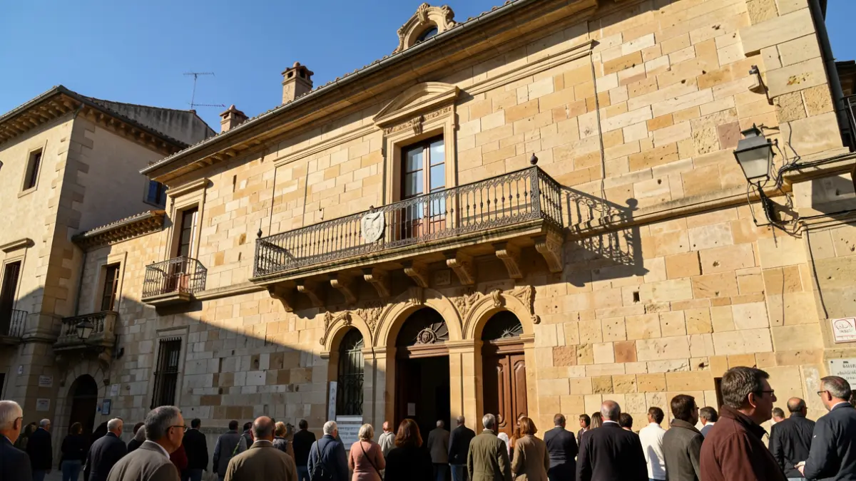 Imagem genérica de uma fachada de edifício institucional com varanda e luz solar.