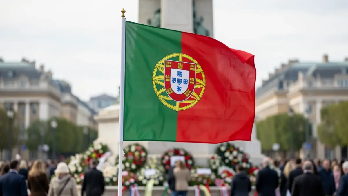 Generic image of a Portuguese flag waving in front of a blurred monument with floral tributes.