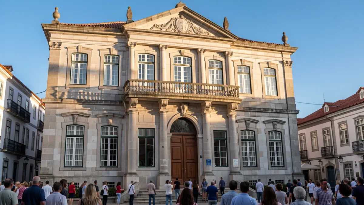 Facade of the Ribeira Grande Town Hall building, a traditional Portuguese structure with stone architecture and an ornate balcony, under warm afternoon sunlight.