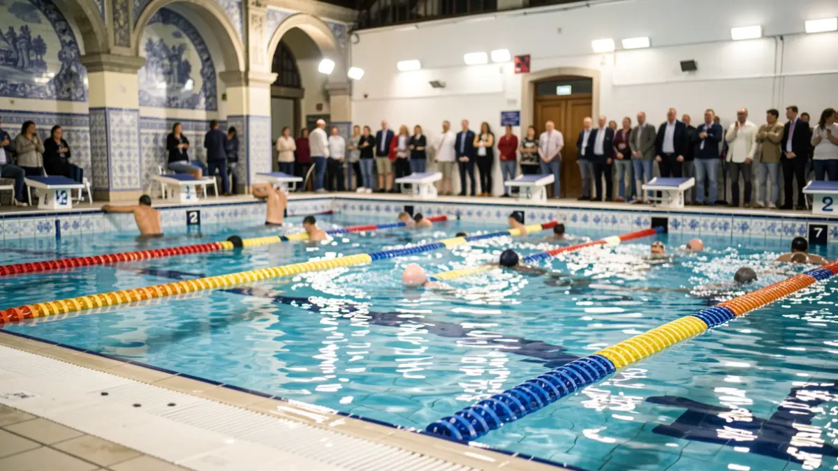 Imagem genérica de uma piscina de natação com blocos de partida e raias, com nadadores desfocados ao fundo e azulejos portugueses na borda.