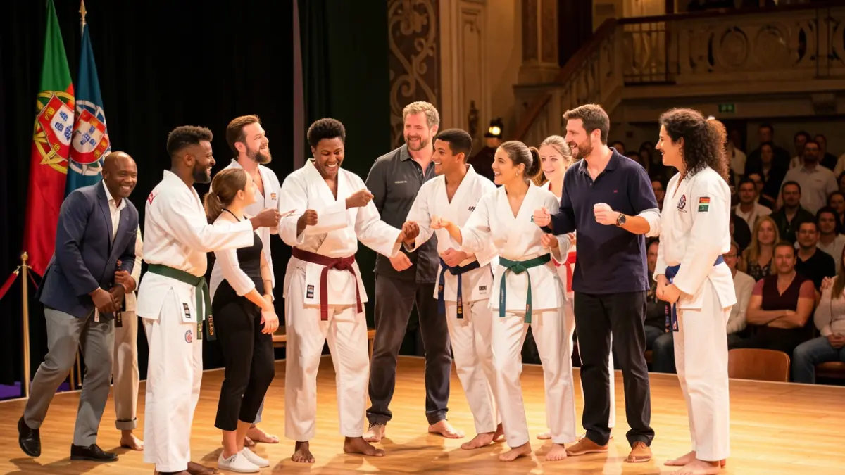Imagen genérica de atletas de diversas nacionalidades interactuando en un escenario, con elementos culturales portugueses sutiles. Ambiente de celebración e intercambio.
