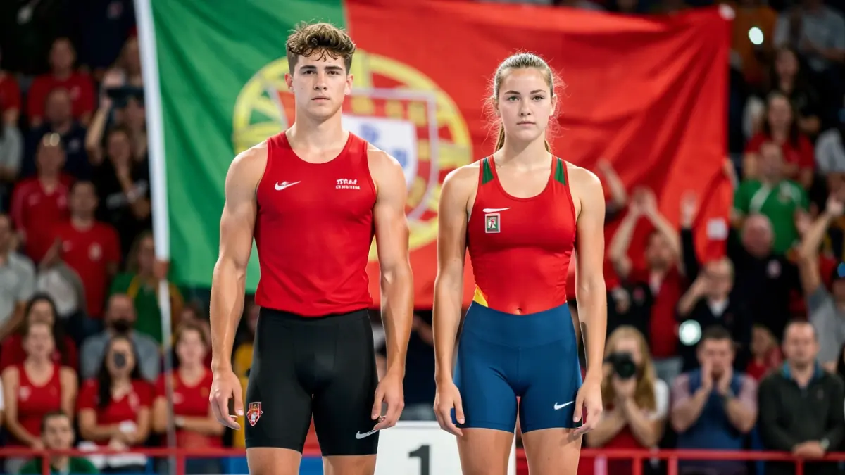 Generic image of two young Portuguese athletes on a podium, with a blurred Portuguese flag in the background.