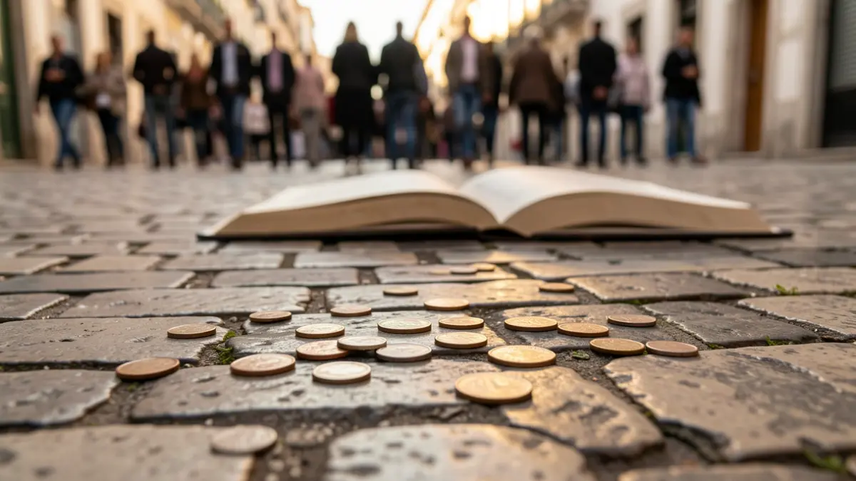 Imagen genérica de una acera de calzada portuguesa con monedas esparcidas y un libro abierto desenfocado al fondo.