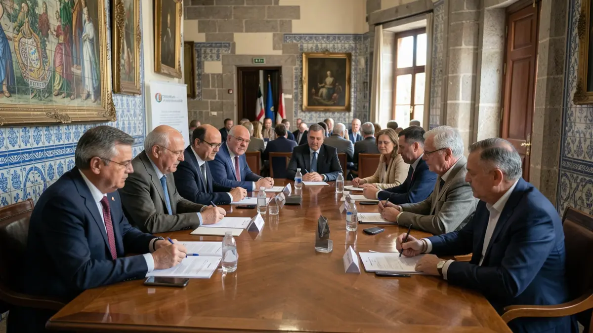 Generic image of mayors meeting in a workroom with Portuguese architectural details.